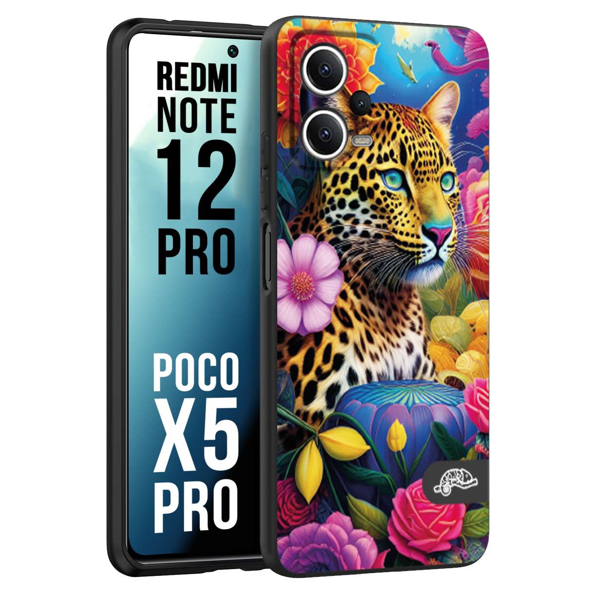 CUSTOMIZZA - Custodia cover nera morbida in tpu compatibile per Xiaomi Redmi Note 12 PRO - POCO X5 PRO fiori astratti donna flower fantasia leopardo ghepardo animali colorati