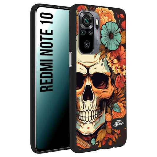 CUSTOMIZZA - Custodia cover nera morbida in tpu compatibile per Xiaomi Redmi Note 10 teschio skull flowers fiori autunnali arancio celeste tattoo