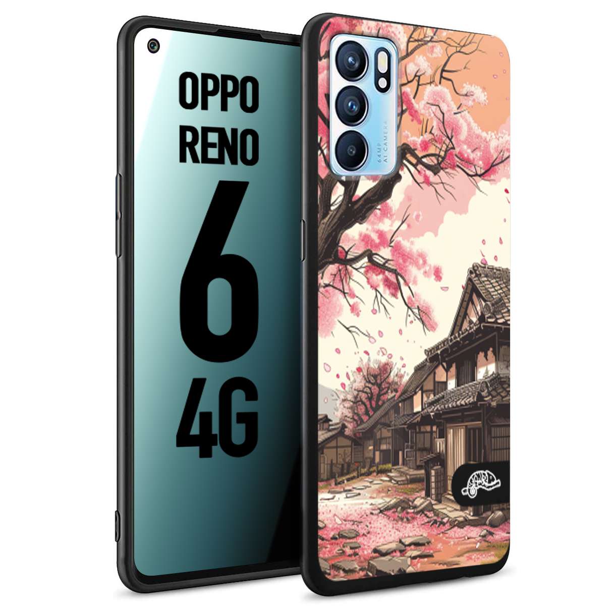 CUSTOMIZZA - Custodia cover nera morbida in tpu compatibile per Oppo Reno 6 4G casa giapponese rosa ciliegio in fiore disegnata tattoo