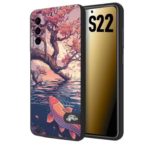 CUSTOMIZZA - Custodia cover nera morbida in tpu compatibile per Samsung S22 giapponese lago carpa koi rosa con foglie d'acero disegnata tattoo