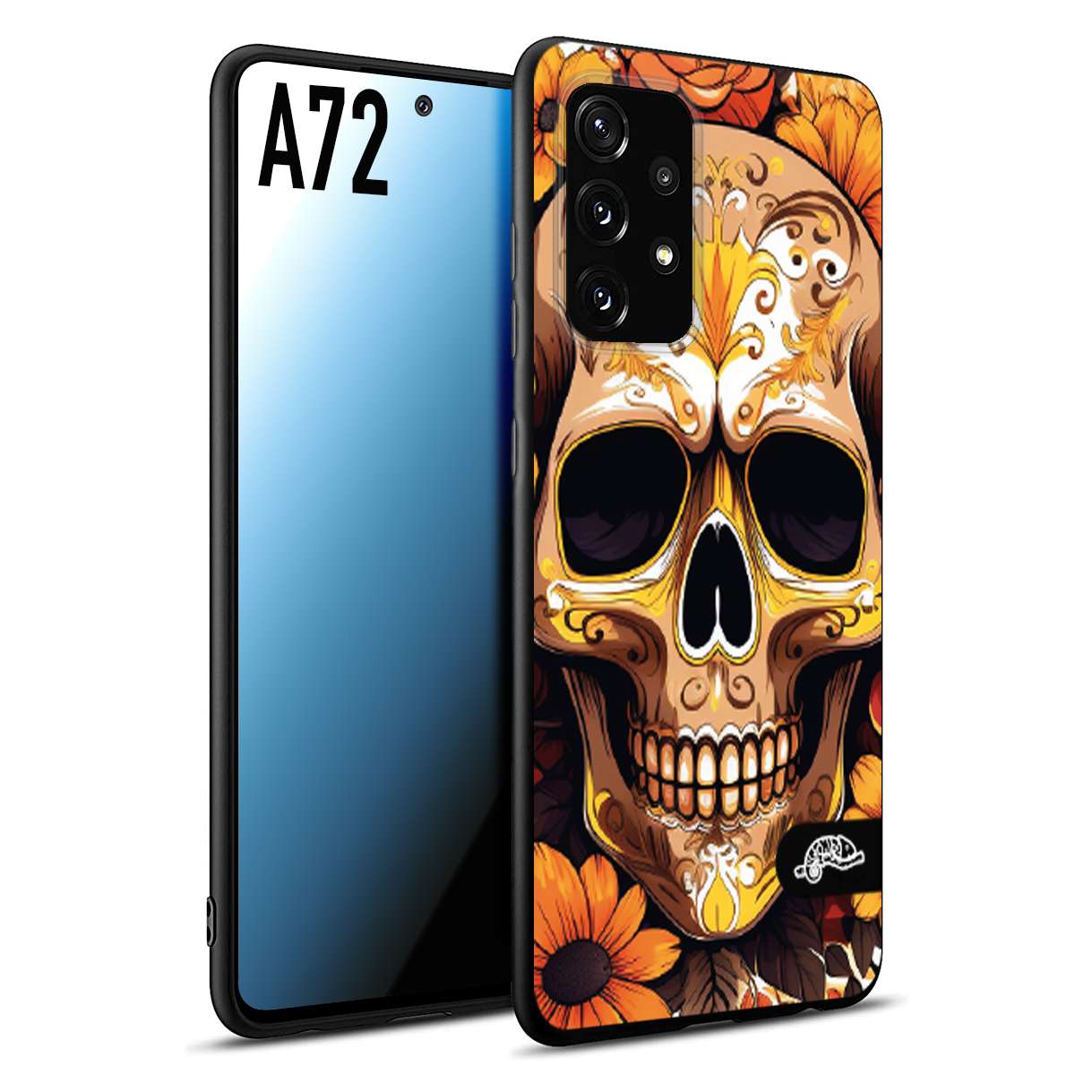 CUSTOMIZZA - Custodia cover nera morbida in tpu compatibile per Samsung A72 teschio messicano colorato dorato fiori tattoo disegnato