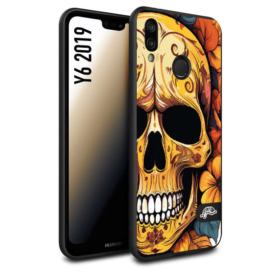 CUSTOMIZZA - Custodia cover nera morbida in tpu compatibile per Huawei Y6 2019 teschio messicano colorato dorato fiori autunnali disegnato