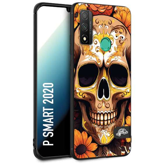 CUSTOMIZZA - Custodia cover nera morbida in tpu compatibile per Huawei P Smart 2020 teschio messicano colorato dorato fiori tattoo disegnato