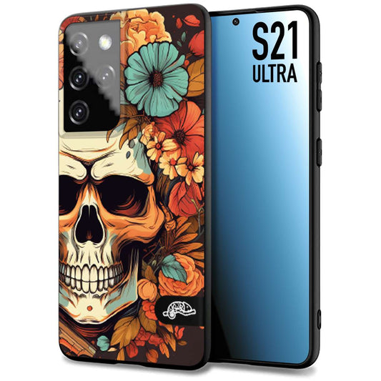 CUSTOMIZZA - Custodia cover nera morbida in tpu compatibile per Samsung S21 ULTRA teschio skull flowers fiori autunnali arancio celeste tattoo