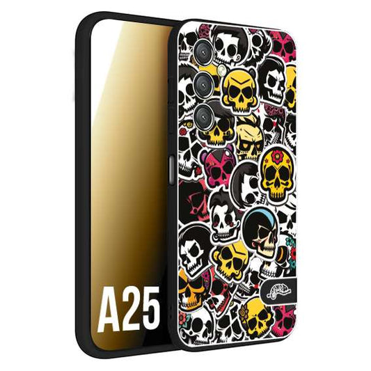 CUSTOMIZZA - Custodia cover nera morbida in tpu compatibile per Samsung A25 sticker bomb teschi colorati adesivi skulls skater snowboard