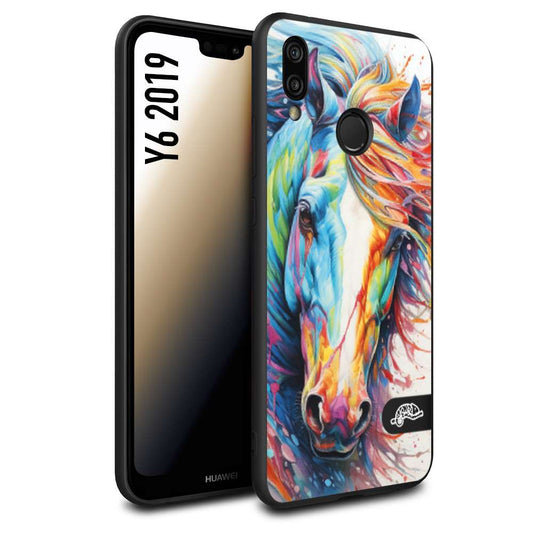 CUSTOMIZZA - Custodia cover nera morbida in tpu compatibile per Huawei Y6 2019 animali color cavallo horse viso colori vibranti disegnato schizzo