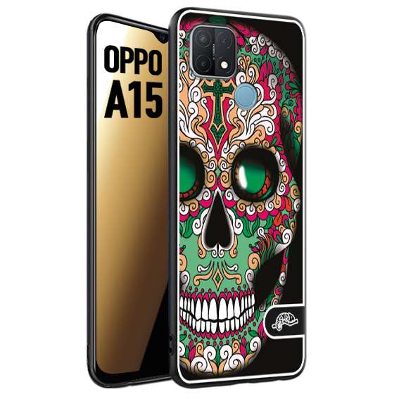 CUSTOMIZZA - Custodia cover nera morbida in tpu compatibile per Oppo A15 teschio messicano Mexican skull verde fucsia