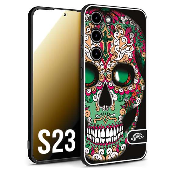 CUSTOMIZZA - Custodia cover nera morbida in tpu compatibile per Samsung S23 teschio messicano Mexican skull verde fucsia