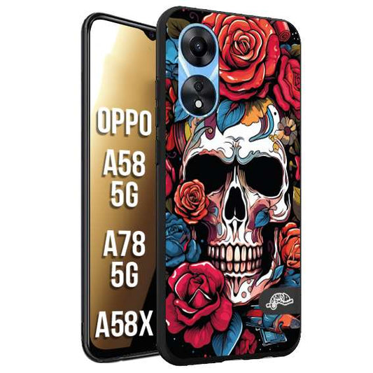 CUSTOMIZZA - Custodia cover nera morbida in tpu compatibile per Oppo A58 5G - A78 5G - A58X teschio skull flowers fiori rose rosse tattoo disegnato