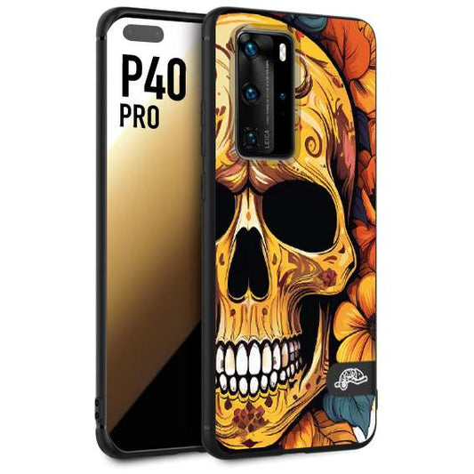 CUSTOMIZZA - Custodia cover nera morbida in tpu compatibile per Huawei P40 PRO teschio messicano colorato dorato fiori autunnali disegnato