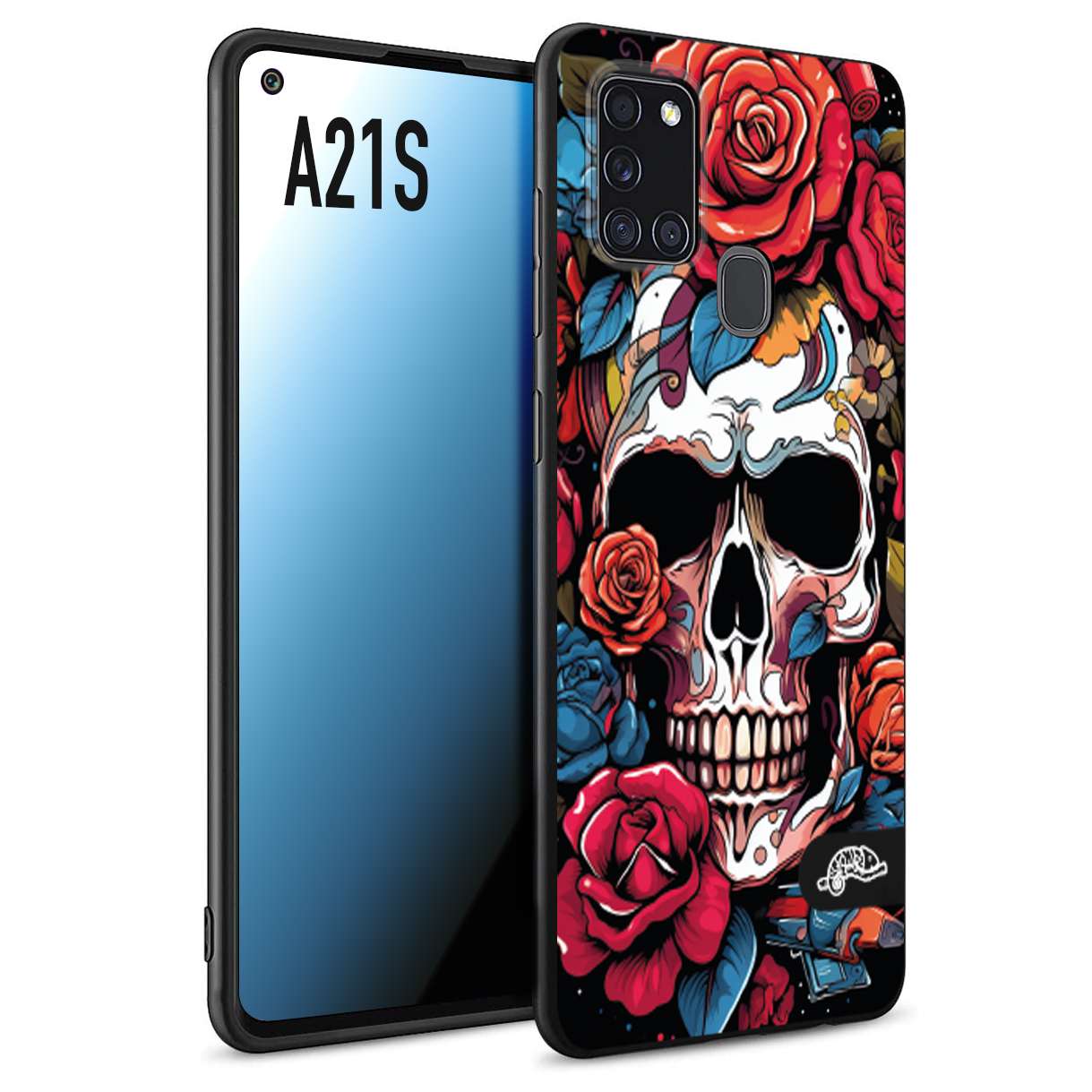 CUSTOMIZZA - Custodia cover nera morbida in tpu compatibile per Samsung A21S teschio skull flowers fiori rose rosse tattoo disegnato