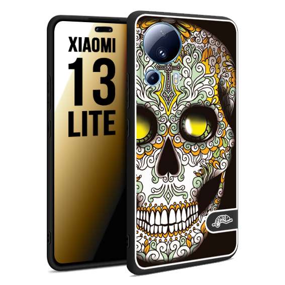 CUSTOMIZZA - Custodia cover nera morbida in tpu compatibile per Xiaomi 13 LITE teschio messicano Mexican skull bianco verde giallo