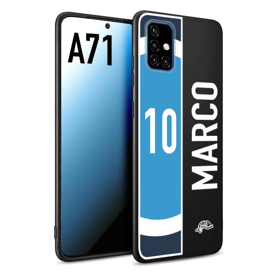 CUSTOMIZZA - Custodia cover nera morbida in tpu compatibile per Samsung A71 personalizzata calcio football nome e numero calciatori biancoazzurri bianco celesti