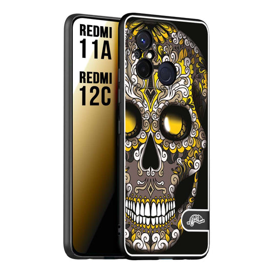 CUSTOMIZZA - Custodia cover nera morbida in tpu compatibile per Xiaomi Redmi 11A - 12C teschio messicano Mexican skull nero giallo