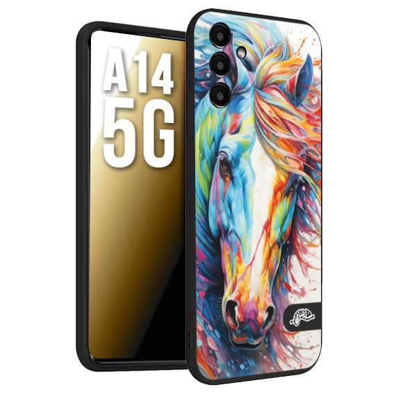 CUSTOMIZZA - Custodia cover nera morbida in tpu compatibile per Samsung A14 5G animali color cavallo horse viso colori vibranti disegnato schizzo