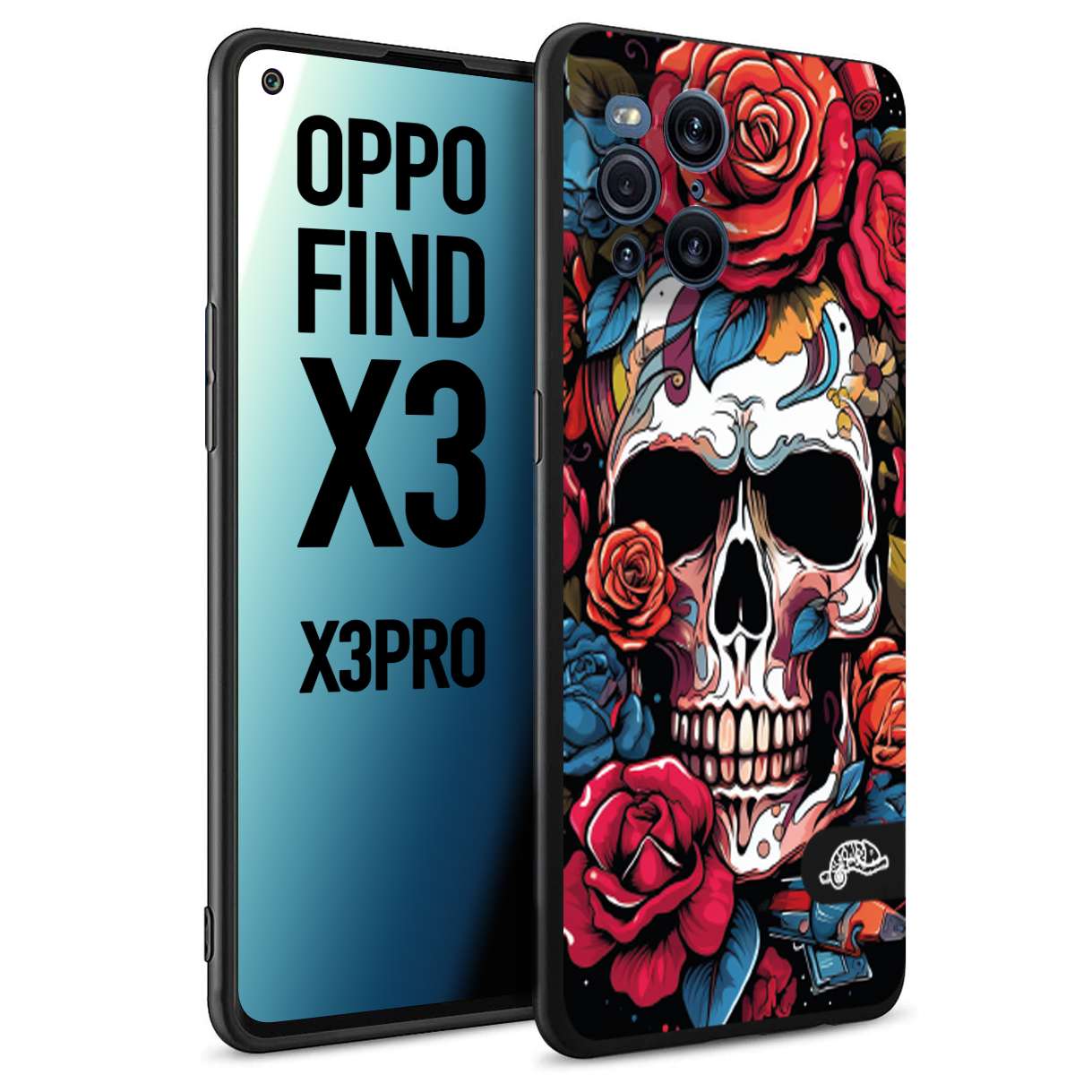 CUSTOMIZZA - Custodia cover nera morbida in tpu compatibile per Oppo Find X3 - Find X3 Pro 5G teschio skull flowers fiori rose rosse tattoo disegnato