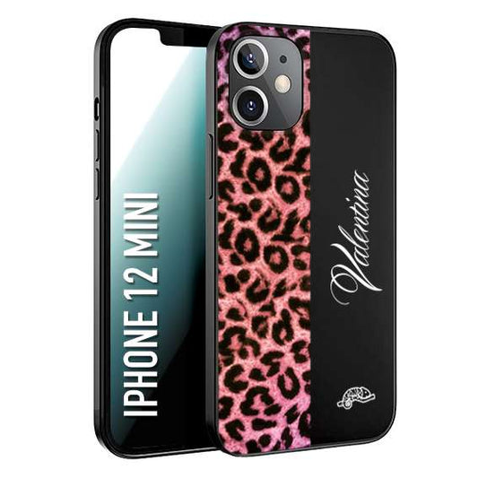 CUSTOMIZZA - Custodia cover nera morbida in tpu compatibile per iPhone 12 MINI leopardato rosa fucsia personalizzata nome iniziali