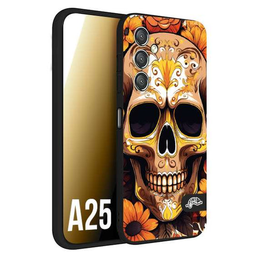 CUSTOMIZZA - Custodia cover nera morbida in tpu compatibile per Samsung A25 teschio messicano colorato dorato fiori tattoo disegnato