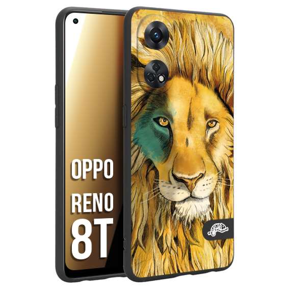 CUSTOMIZZA - Custodia cover nera morbida in tpu compatibile per Oppo Reno 8T leone lion disegnato a mano giallo blu a rilievo artistico brown