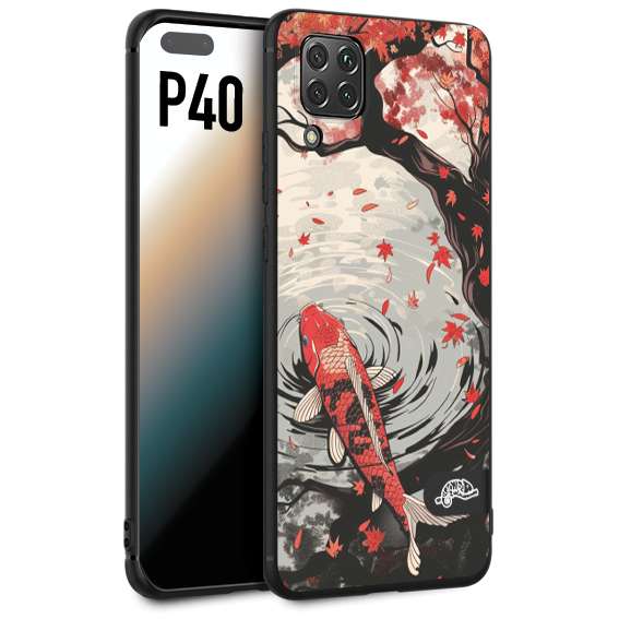 CUSTOMIZZA - Custodia cover nera morbida in tpu compatibile per Huawei P40 giapponese lago carpa koi rossa con foglie d'acero rosso disegnata tattoo