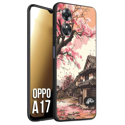 CUSTOMIZZA - Custodia cover nera morbida in tpu compatibile per Oppo A17 casa giapponese rosa ciliegio in fiore disegnata tattoo