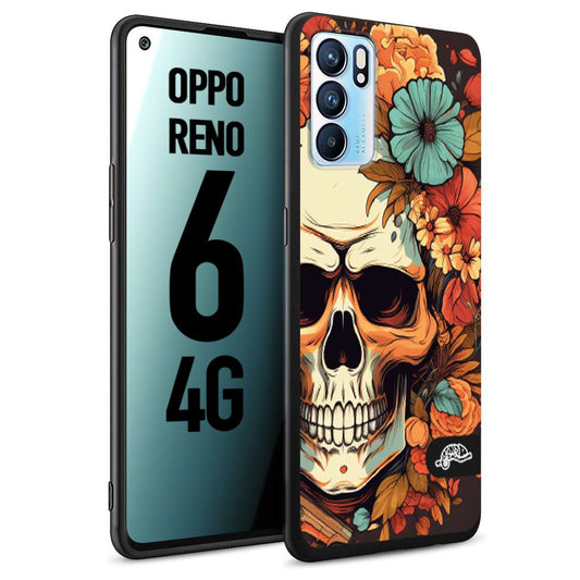 CUSTOMIZZA - Custodia cover nera morbida in tpu compatibile per Oppo Reno 6 4G teschio skull flowers fiori autunnali arancio celeste tattoo