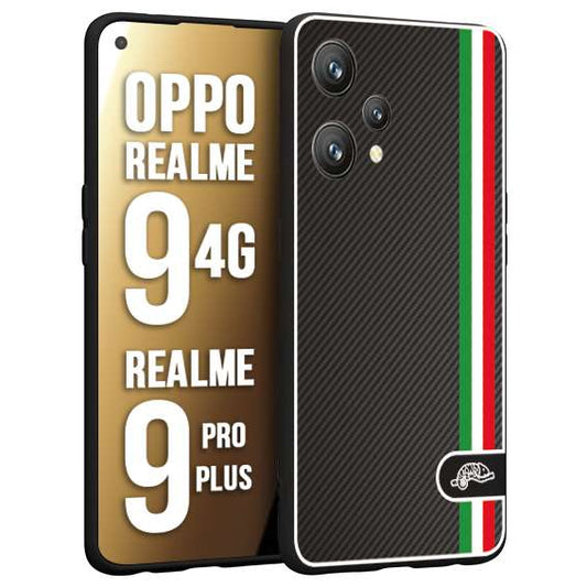 CUSTOMIZZA - Custodia cover nera morbida in tpu compatibile per Oppo Realme 9 4G - 9 PRO PLUS effetto fibra di carbonio bandiera Italia made in Italy