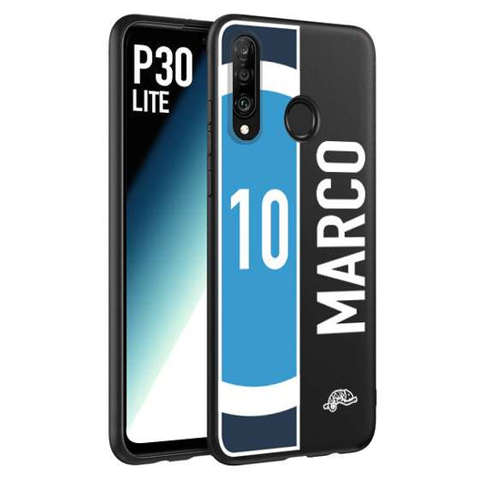 CUSTOMIZZA - Custodia cover nera morbida in tpu compatibile per Huawei P30 LITE personalizzata calcio football nome e numero calciatori biancoazzurri bianco celesti