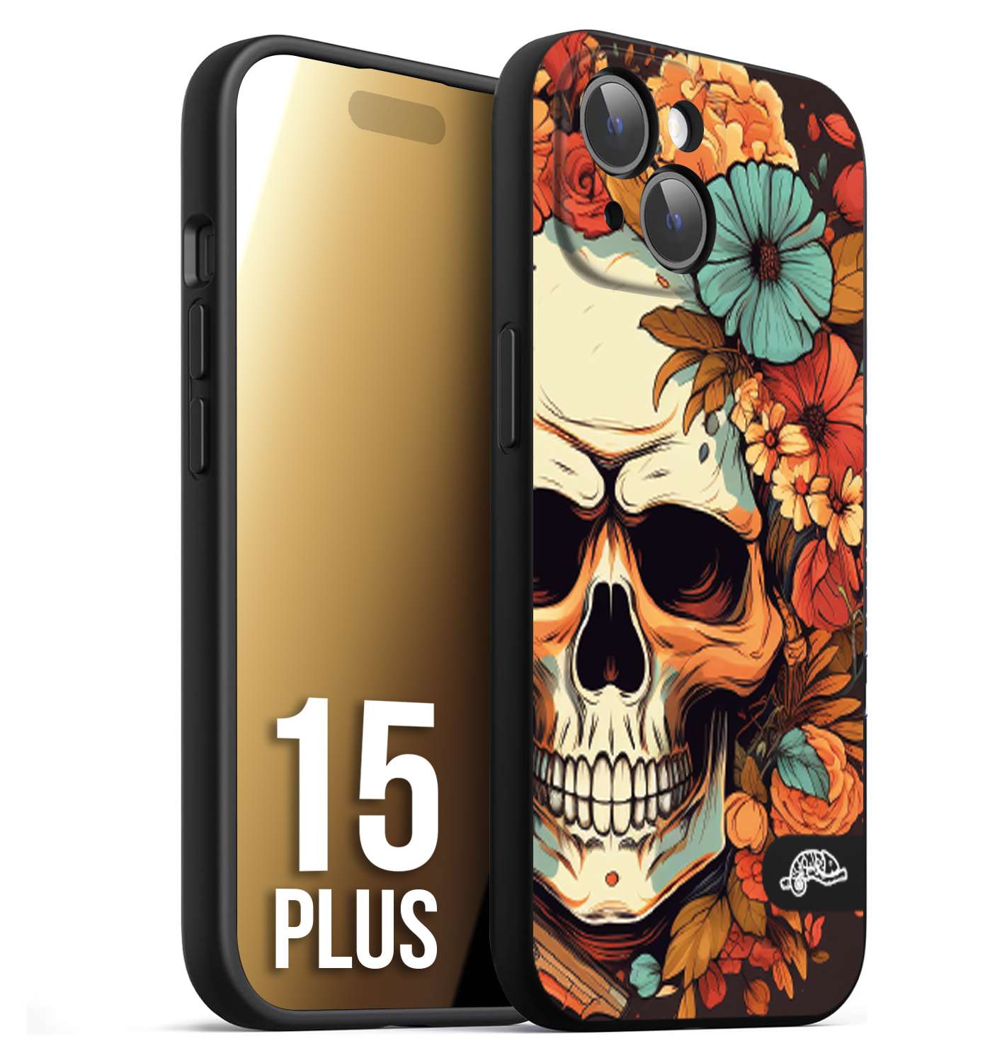 CUSTOMIZZA - Custodia cover nera morbida in tpu compatibile per iPhone 15 PLUS teschio skull flowers fiori autunnali arancio celeste tattoo