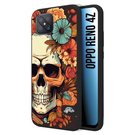 CUSTOMIZZA - Custodia cover nera morbida in tpu compatibile per Oppo Reno 4Z teschio skull flowers fiori autunnali arancio celeste tattoo