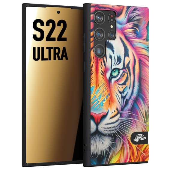 CUSTOMIZZA - Custodia cover nera morbida in tpu compatibile per Samsung S22 ULTRA animali color tigre tiger viso colori vibranti disegnato schizzo