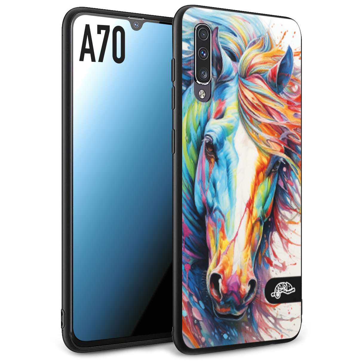 CUSTOMIZZA - Custodia cover nera morbida in tpu compatibile per Samsung A70 animali color cavallo horse viso colori vibranti disegnato schizzo