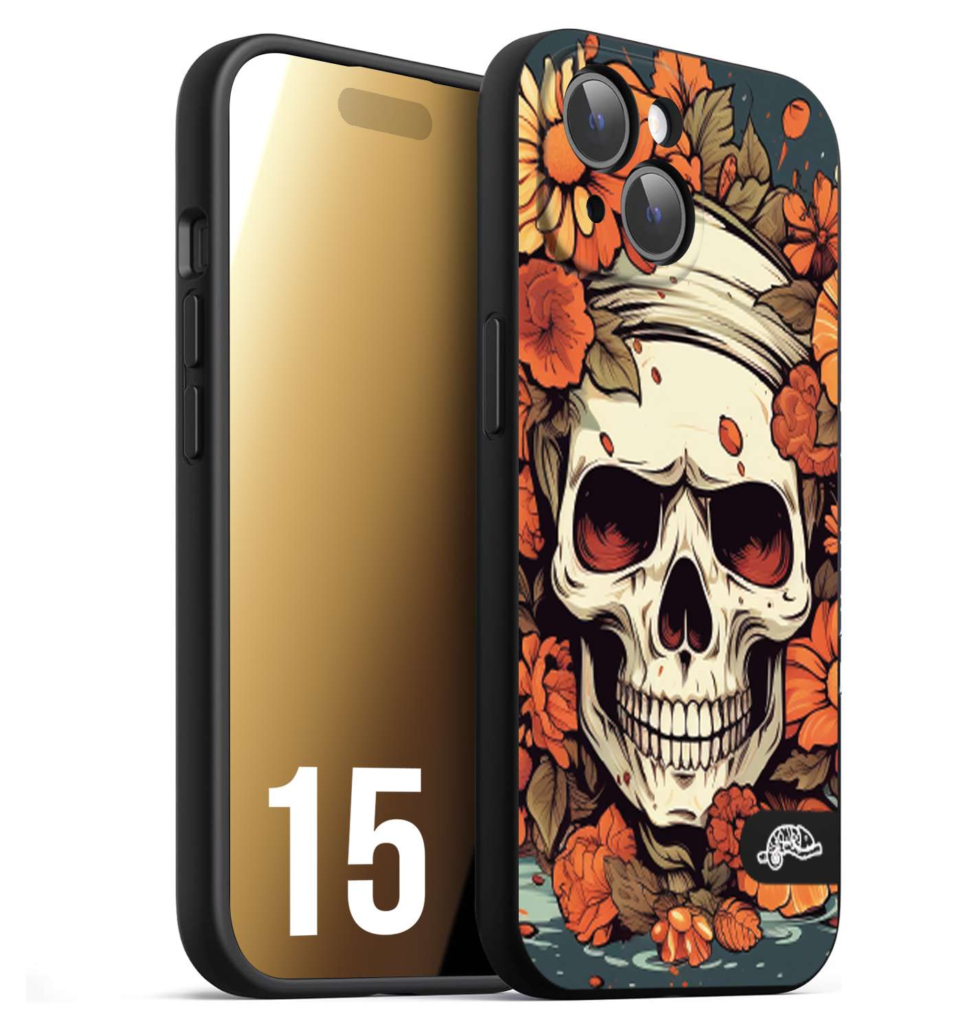 CUSTOMIZZA - Custodia cover nera morbida in tpu compatibile per iPhone 15 teschio skull flowers fiori tattoo disegnato alta definizione