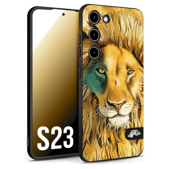 CUSTOMIZZA - Custodia cover nera morbida in tpu compatibile per Samsung S23 leone lion disegnato a mano giallo blu a rilievo artistico brown