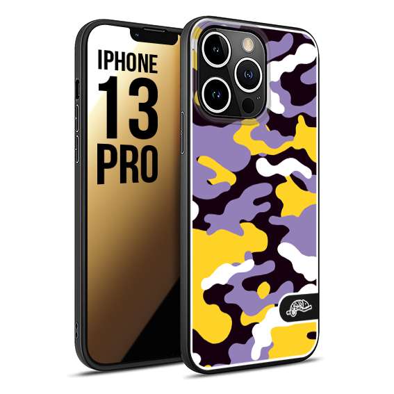 CUSTOMIZZA - Custodia cover nera morbida in tpu compatibile per iPhone 13 PRO camouflage mimetico militare viola lilla giallo