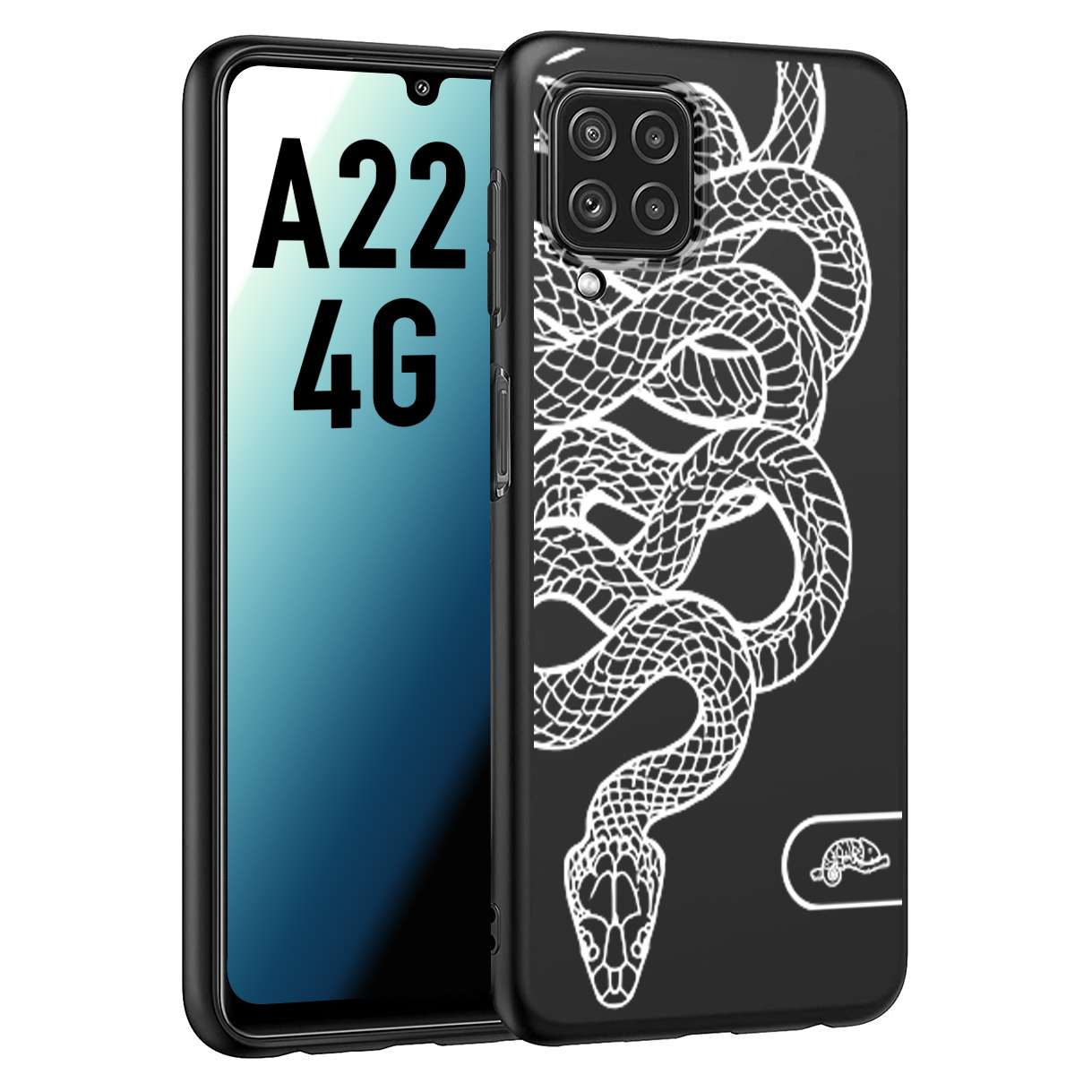 CUSTOMIZZA - Custodia cover nera morbida in tpu compatibile per Samsung A22 4G serpente snake bianco a rilievo disegnato tattoo tatuaggio