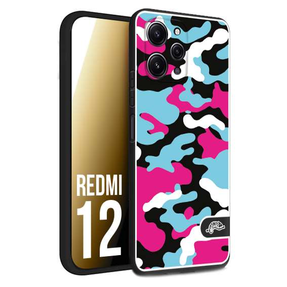 CUSTOMIZZA - Custodia cover nera morbida in tpu compatibile per Xiaomi Redmi 12 camouflage mimetico militare fucsia celeste