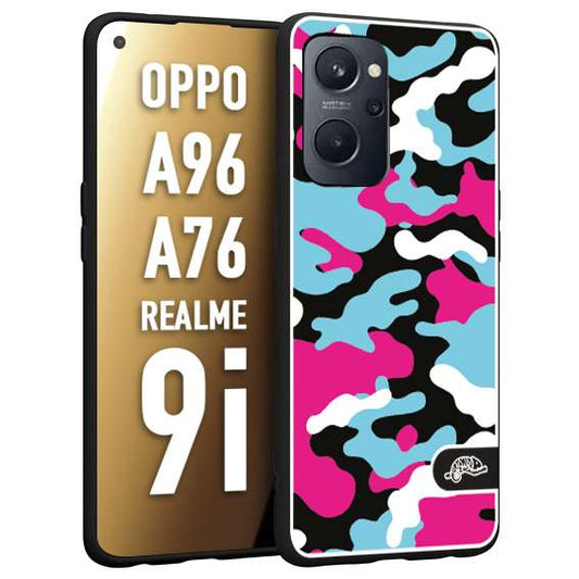 CUSTOMIZZA - Custodia cover nera morbida in tpu compatibile per Oppo Realme 9i - A96 - A76 camouflage mimetico militare fucsia celeste