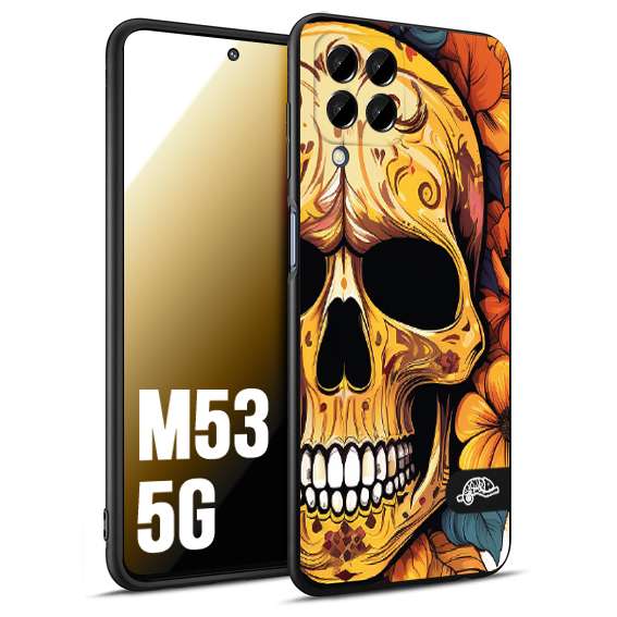 CUSTOMIZZA - Custodia cover nera morbida in tpu compatibile per Samsung M53 5G teschio messicano colorato dorato fiori autunnali disegnato