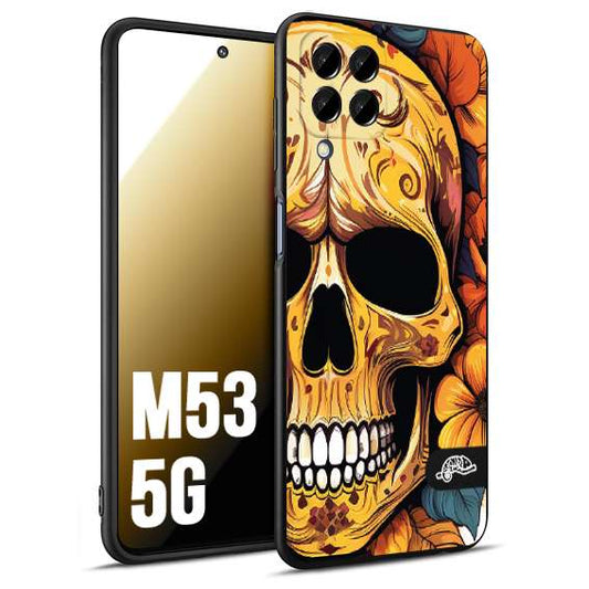 CUSTOMIZZA - Custodia cover nera morbida in tpu compatibile per Samsung M53 5G teschio messicano colorato dorato fiori autunnali disegnato