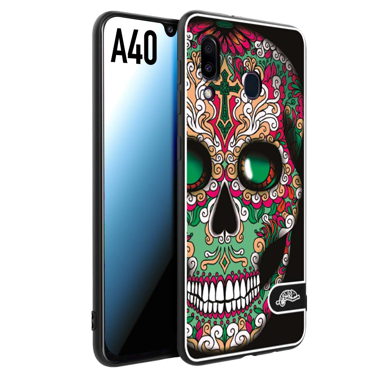 CUSTOMIZZA - Custodia cover nera morbida in tpu compatibile per Samsung A40 teschio messicano Mexican skull verde fucsia