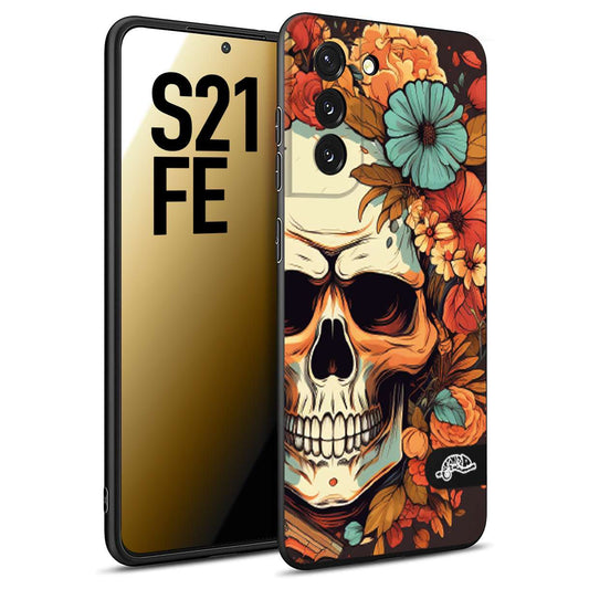 CUSTOMIZZA - Custodia cover nera morbida in tpu compatibile per Samsung S21 FE teschio skull flowers fiori autunnali arancio celeste tattoo