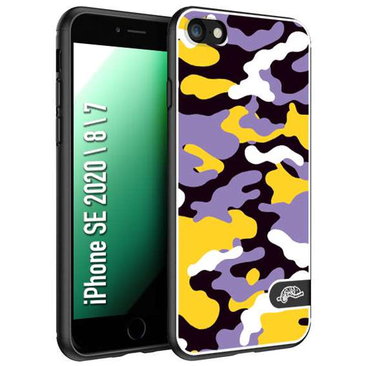 CUSTOMIZZA - Custodia cover nera morbida in tpu compatibile per iPhone 7 - 8 - SE 2020 / 2022 camouflage mimetico militare viola lilla giallo