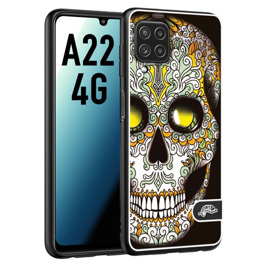 CUSTOMIZZA - Custodia cover nera morbida in tpu compatibile per Samsung A22 4G teschio messicano Mexican skull bianco verde giallo