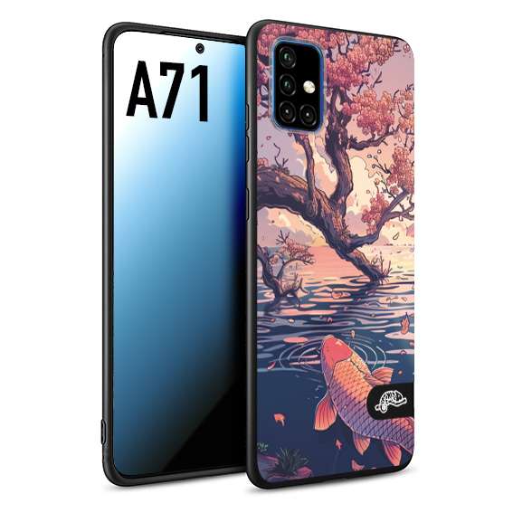 CUSTOMIZZA - Custodia cover nera morbida in tpu compatibile per Samsung A71 giapponese lago carpa koi rosa con foglie d'acero disegnata tattoo