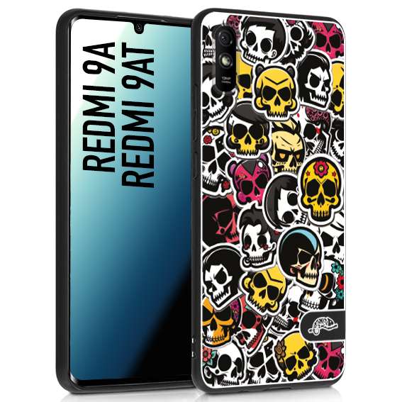 CUSTOMIZZA - Custodia cover nera morbida in tpu compatibile per Xiaomi Redmi 9A - 9AT sticker bomb teschi colorati adesivi skulls skater snowboard