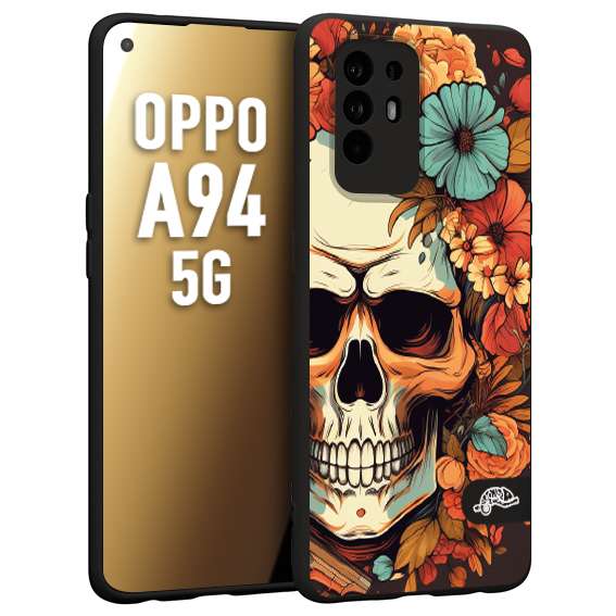 CUSTOMIZZA - Custodia cover nera morbida in tpu compatibile per Oppo A94 5G teschio skull flowers fiori autunnali arancio celeste tattoo