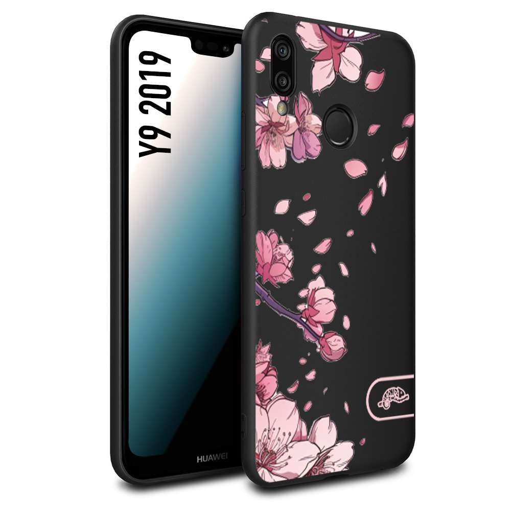 CUSTOMIZZA - Custodia cover nera morbida in tpu compatibile per Huawei Y9 2019 giapponese fiori di ciliegio in fiore a rilievo disegnata tattoo