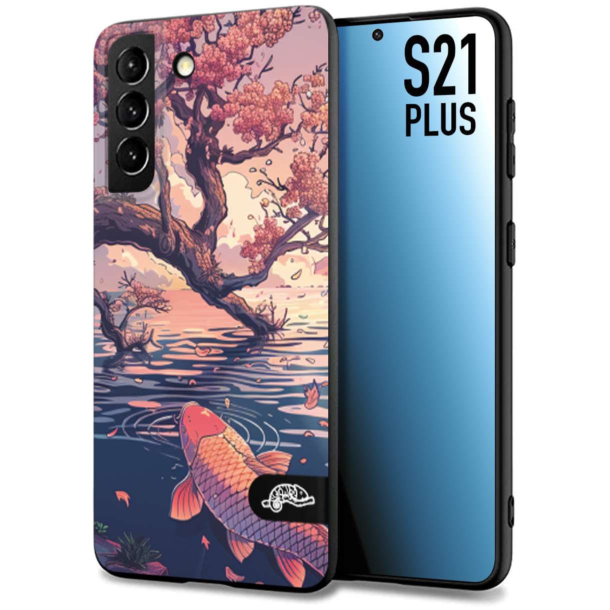 CUSTOMIZZA - Custodia cover nera morbida in tpu compatibile per Samsung S21 PLUS giapponese lago carpa koi rosa con foglie d'acero disegnata tattoo