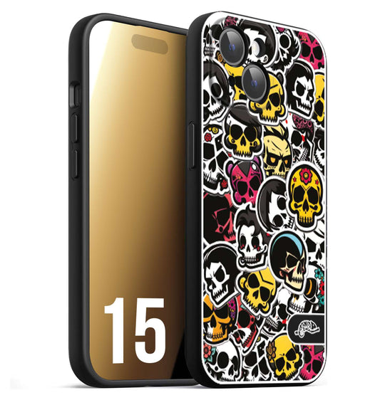 CUSTOMIZZA - Custodia cover nera morbida in tpu compatibile per iPhone 15 sticker bomb teschi colorati adesivi skulls skater snowboard